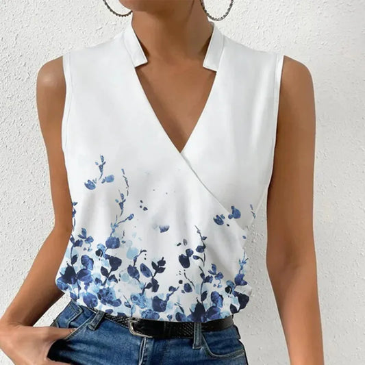 Casual Printed Tops Summer V-neck Sleeveless T-shirt 