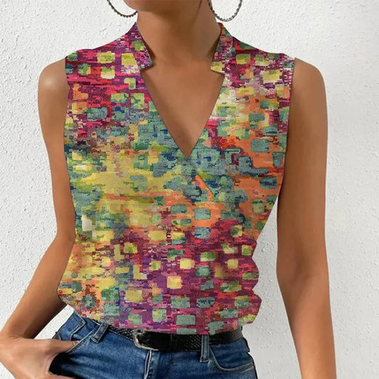 Casual Printed Tops Summer V-neck Sleeveless T-shirt 